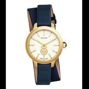 Tory Burch Double-Wrap Navy Leather Strap Watch